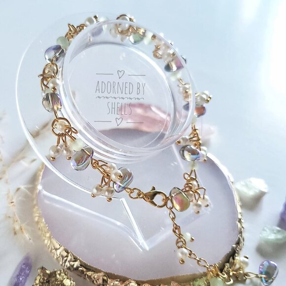 Charms Beaded Bracelet, Blue Mint Green Teardrop Crystals & Pearls Gold Jewelry - Picture 4 of 11